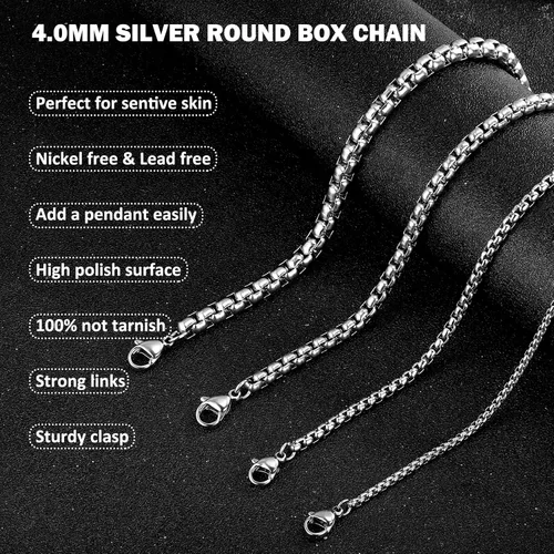 Vista 2 de Collar de cadena redonda de 230.157 in para hombre, cadena Rolo para hombres y mujeres, 18, 20, 22, 24, 26 pulgadas de longitud, acero inoxidable