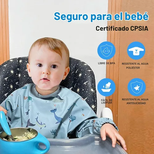 Vista 3 de Baberos de manga larga para bebés, impermeables, con bolsillo para atrapar alimentos para alimentar, comer Azul