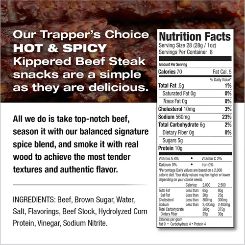 Vista 3 de Old Trapper, Trapper's Choice - Bistec de carne caliente y picante, paquete individual de 8 onzas, 0.35 oz de proteína y 70 calorías por porción