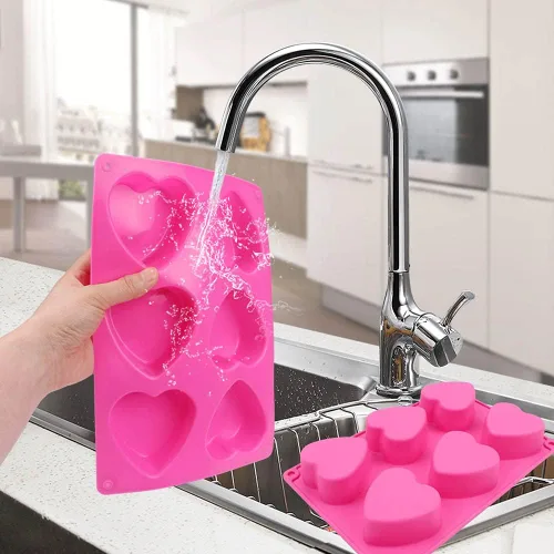 Vista 5 de BAKER DEPOT Molde de silicona en forma de corazón de 6 agujeros para pastel de chocolate, jalea pudín hecho a mano, molde de jabón para hacer
