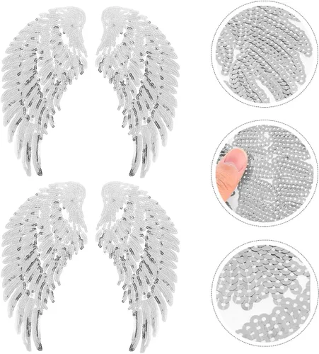 Vista 8 de Sequin Angel Wings Applique Patch 2 Pairs Silver DIY Clothing Sewing Patch for Jackets and Clothes Decoration