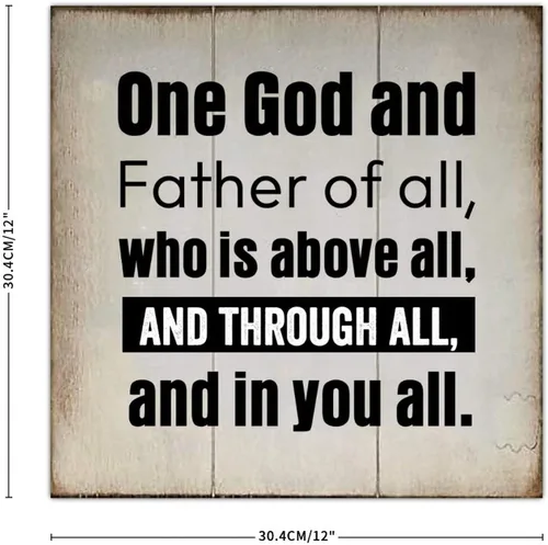 Vista 2 de Placa de pared con texto en inglés «One God and Father of All» (One God and Father of All), placa de madera motivacional para colgar en la pared