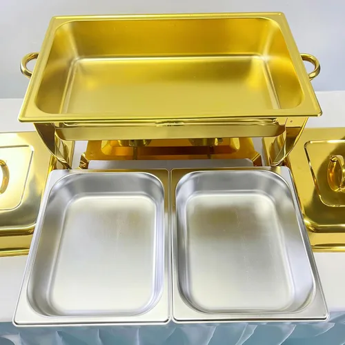Vista 5 de Golden Chafing - Juego de bufé de platos de acero inoxidable de 9 cuartos de galón, servidores de buffet de 9 litros con soporte para combustible