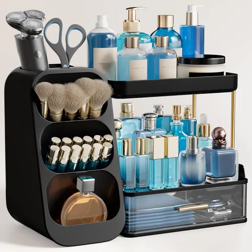 Vista 15 de HBlife Organizador de maquillaje con soporte para brochas para tocador, organizador grande de plástico para tocador de baño, almacenamiento