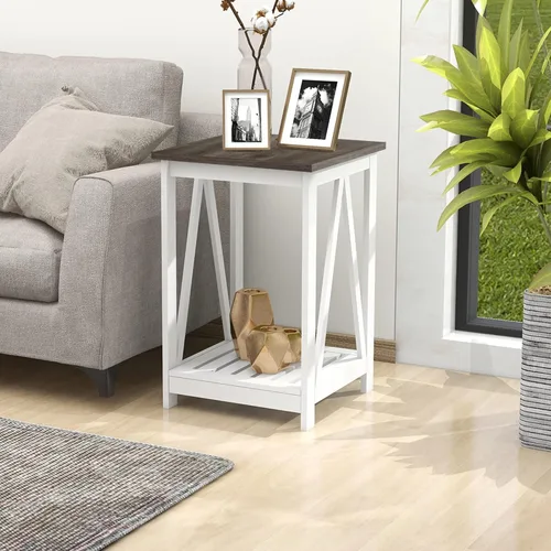 Vista 7 de Mesa auxiliar cuadrada de granja, mesa auxiliar con diseño de listones, mesa auxiliar de sofá con marco resistente para sala de estar, gris oscuro
