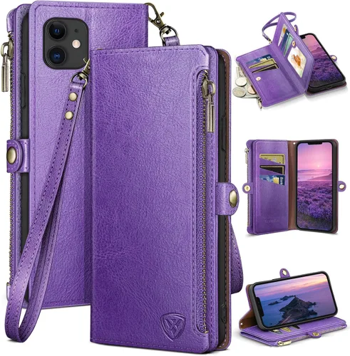 Vista 12 de XcaseBar Funda tipo cartera compatible con iPhone 12/12 Pro de 6.1 pulgadas con cremallera y tarjetero de crédito, bloqueo RFID, funda de piel Negro