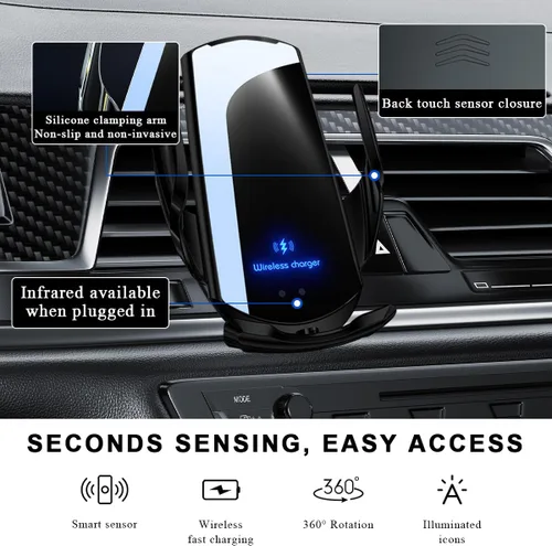 Vista 4 de Cargador inalámbrico para automóvil, montaje de ventilación de aire de carga rápida de 15 W, soporte de teléfono de sujeción automática, cargador