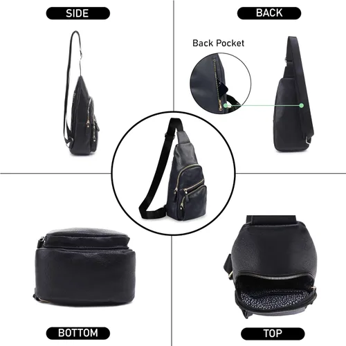 Vista 5 de EMPERIA Bolso bandolera pequeño de piel sintética, mochila multiusos para senderismo, viajes, mochila para exteriores para mujeres y hombres, Negro