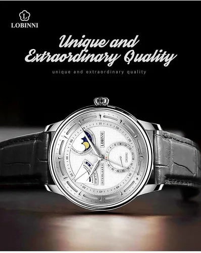 Vista 6 de LOBINNI Reloj automático mecánico de fase lunar para hombre, impermeable, vestido de pulsera de lujo de moda para hombre