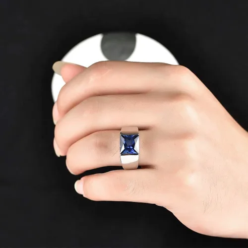 Vista 2 de ATTA GEMS Anillos de zafiro esmeralda para hombre, piedra gema verde y azul, anillos para hombre, chapado en oro blanco de 14 quilates, anillo