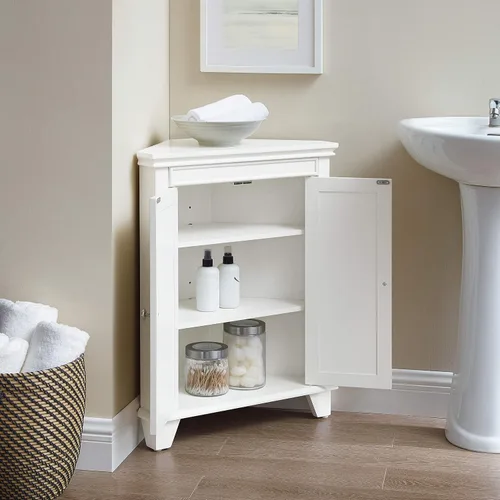 Vista 2 de Crosley Furniture Lydia - Armario de almacenamiento esquinero y organizador de baño con estantes, color blanco