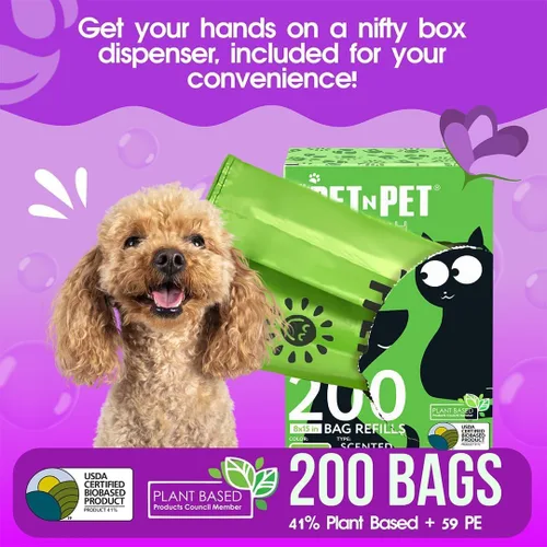 Vista 3 de Pet N Pet 200 bolsas de excremento de perro perfumadas de lavanda con asas de corbata, 41% a base de plantas y 59% bolsas de excremento