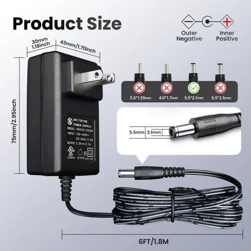 Vista 6 de Adaptador de fuente de alimentación de 6 pies UL 5V 2A 10W AC DC 2000mA 1A 1000mA 1.5A 1500mA Cable universal para Raspberry Pi, luz LED, marco