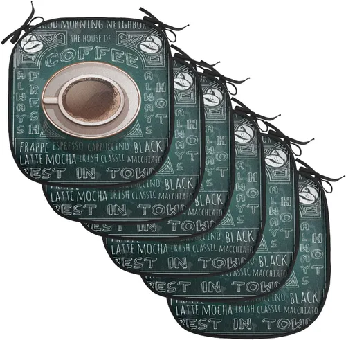 Vista 160 de Lunarable Cojín de asiento para silla de café, siluetas de taza de café expreso con frijoles fuente de cafeína, ilustración de bebidas gourmet