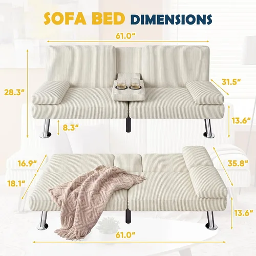 Vista 3 de Furmax Sofá cama futón, futón ajustable para sala de estar (pana, beige)