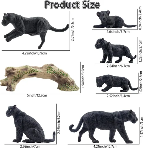 Vista 2 de Toymany 7 Piezas Figuras de Panteras Negras con Cachorro de Pantera y Tronco de Árbol, Figuras Realistas de Animales de la Selva Juego Familiar