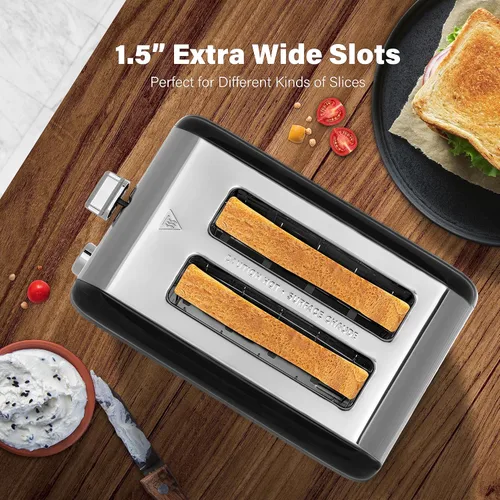 Vista 3 de YSSOA Tostadora de 2 rebanadas con ranura extra ancha y bandeja extraíble para migas, 5 ajustes de tostado y 3 funciones Negro