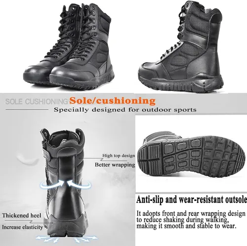 Vista 3 de Botas militares tácticas para hombre, zapatos negros para hombre, desierto, combate, ejército, senderismo, al aire libre, cremallera lateral