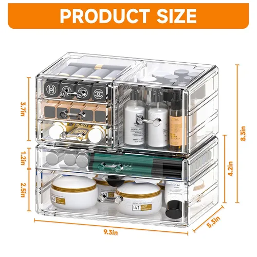 Vista 3 de Cq acrylic Paquete de 2 organizadores de escritorio transparentes con cajones, organizador apilable de 6 cajones para el cuidado de la piel, lindos