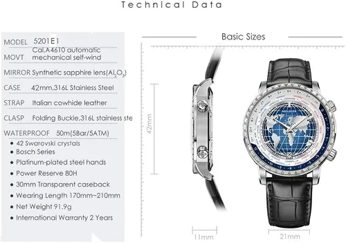 Vista 5 de Agelocer Reloj mecánico automático azul para hombre, de lujo, de acero inoxidable, con correa de cuero