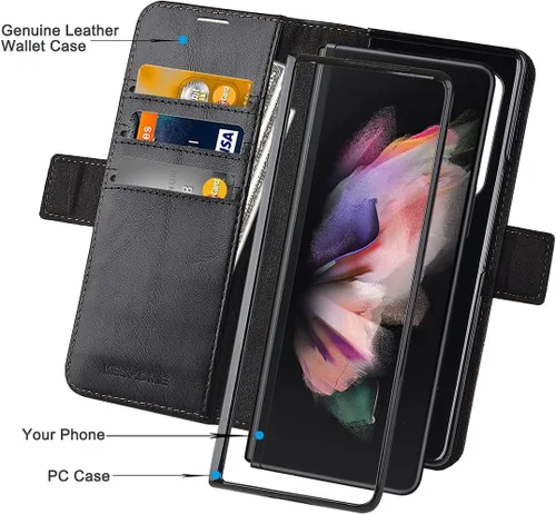 Vista 5 de KEZiHOME Funda de piel auténtica para Galaxy Z Fold 3 (bloqueo RFID) con ranura para tarjetas, funda para teléfono compatible con Galaxy Z Fold 3