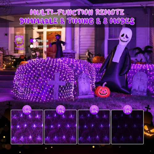 Vista 5 de JMEXSUSS 200 luces LED de red moradas para Halloween, 9.8 pies x 6.6 pies Púrpura