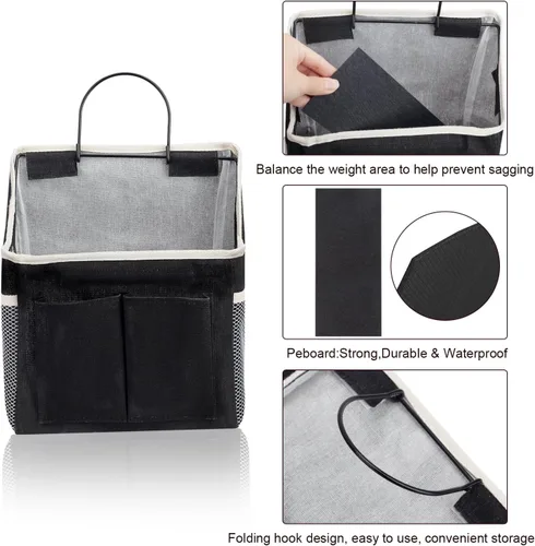 Vista 5 de LYroo Paquete de 2 cestas organizadoras negras para colgar en la pared con bolsillos para baño, dormitorio, cocina, dormitorio, artículos esenciales