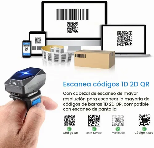 Vista 4 de Eyoyo Actualizado mini portátil 2D 1D QR dedo anillo escáner de código