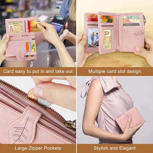 Vista 8 de CONISY Cartera pequeña para mujer, cartera compacta de cuero plegable con correa de muñeca con bloqueo RFID para mujer, Rosado, Moderno