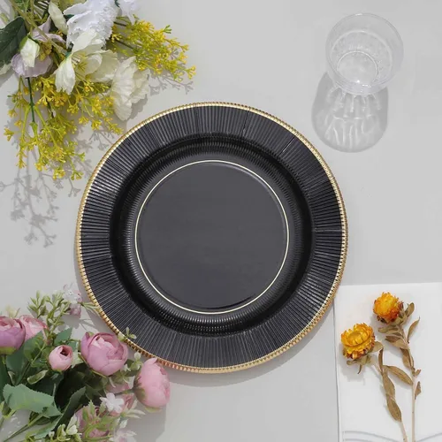 Vista 8 de Efavormart 25 Pack Platos de papel para servir y cenar de 10" en negro metálico con rayos de sol, platos desechables para fiestas - 350 GSM