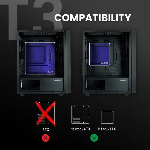 Vista 7 de Zalman T3 MATX Micro-ATX - Carcasa compacta para computadora de escritorio 2 x 120mm Non-RGB Fans, Full Tempered Glass Side Panel, USB 3.0, Modern