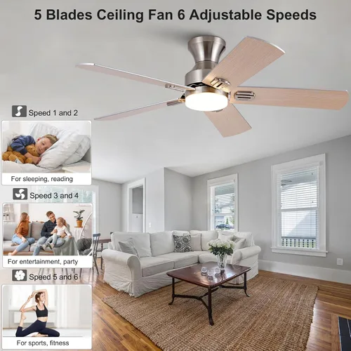 Vista 9 de Ventiladores de techo de níquel cepillado de 42 pulgadas con luces y control remoto, ventilador de techo moderno de bajo perfil para interiores