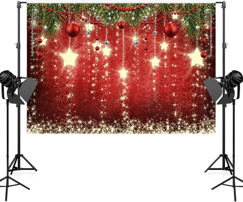 Vista 5 de Telón de fondo rojo de Navidad de 7x5 pies con estrellas brillantes para fotos, telón de fondo de Navidad con estrellas brillantes para decoraciones