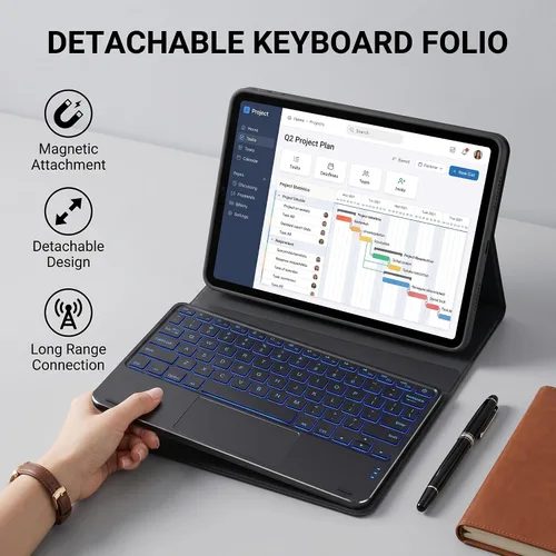 Vista 2 de Funda de teclado retroiluminada con panel táctil para Galaxy Tab A7 Lite de 8.7 pulgadas 2021 (SM-T220/T225), cubierta de piel sintética con teclado