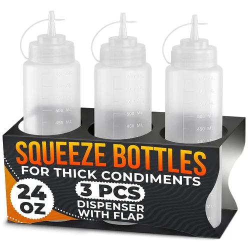 Vista 22 de Paquete de 3 botellas de plástico para condimentos de 8 onzas, botellas recargables para chorros con punta estrecha, resistentes a fugas, ideales