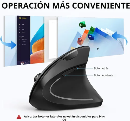 Vista 7 de TECKNET Ratón Ergonómico, Ratón Vertical Inalámbrico Bluetooth, Seguimiento Óptico 4800 DPI, 6 DPI Ajustables, Clics Silenciosos, 2.4GHz