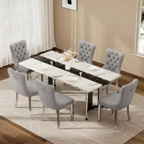 Vista 39 de Juego de mesa de comedor de 5 piezas con 4 sillas, mesa de comedor rectangular de madera de 71 pulgadas con sillas de comedor de terciopelo, tablero