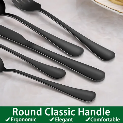 Vista 5 de Juego de 49 piezas de cubiertos de acero inoxidable negro con organizador, juego de cubiertos negros con cuchillos para carne para 8 personas, juego