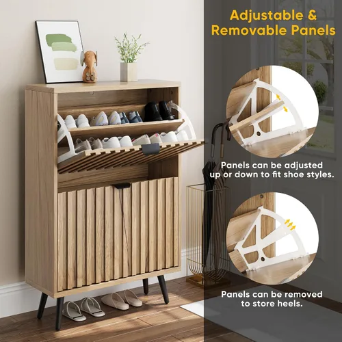 Vista 4 de Smuxee Armario de zapatos con 2 cajones abatibles, gabinete de almacenamiento de zapatos oculto natural de 23.6 pulgadas con diseño estriado