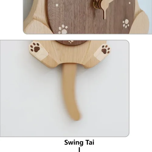 Vista 3 de Reloj de pared de gato con cola oscilante, reloj de pared de madera maciza, funciona con pilas silenciosas, 5 tipos de empalme de madera, para aula