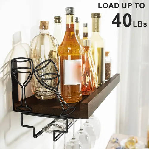 Vista 3 de Love-KANKEI - Estante para vino con colgador de copas, madera maciza, 17 pulgadas, marrón oscuro Wine Glass Rack,Floating Wall Shelf,Easy to