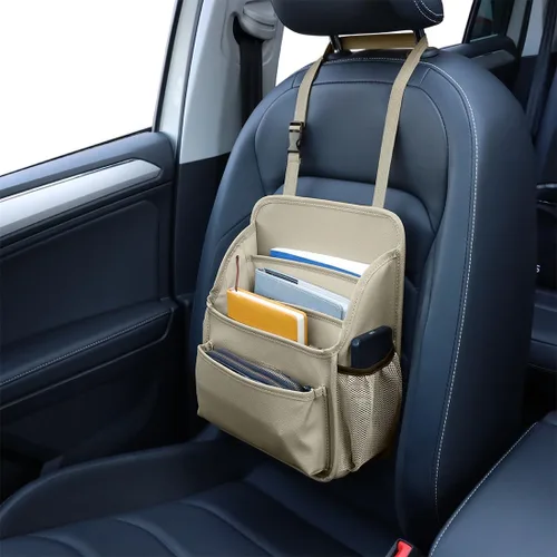 Vista 4 de Viaviat Organizador de asiento delantero para tapicería de automóvil, bolsa de almacenamiento de cuero para asiento de pasajero, organizador grande