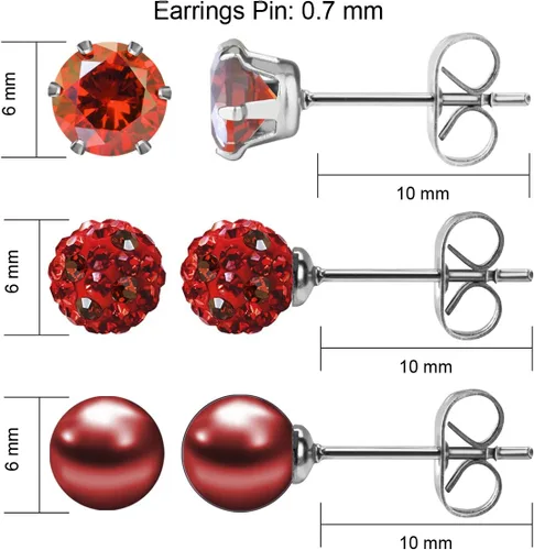 Vista 26 de JewelrieShop - Juego de aretes de tuerca de acero inoxidable con circonitas cúbicas y perlas de imitación, 3 pares de 0.236 in