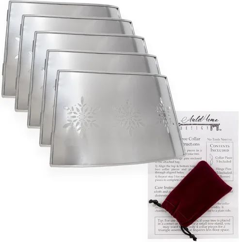 Vista 5 de AuldHome Design Collar de árbol estilo granja con copos de nieve (base de 29 pulgadas de diámetro, plateado), esmaltado vintage, adorno para árbol