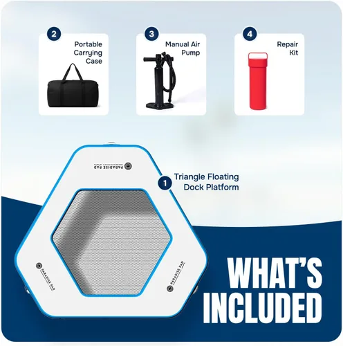 Vista 5 de Alfombrilla de agua inflable – Plataforma flotante triangular de 9 pies con malla Hamaca de agua resistente flotador de lago