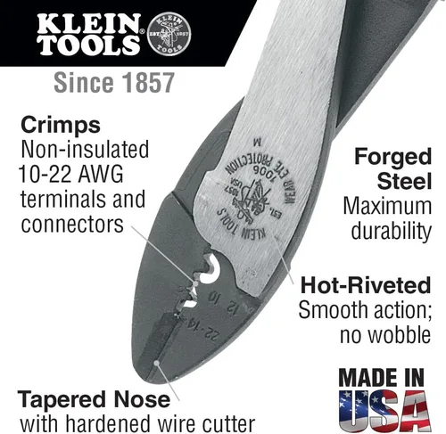 Vista 2 de Klein Tools Herramienta de corte/prensado 1006, fabricada en Estados Unidos, engarza terminales y conectores sin soldadura de 10 a 22 AWG