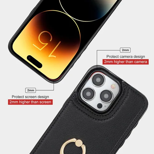 Vista 8 de Folosu Funda compatible con iPhone 15 Pro Max con soporte para tarjetas, rotación de 360°, soporte de anillo de dedo con función atril, bloqueo Negro