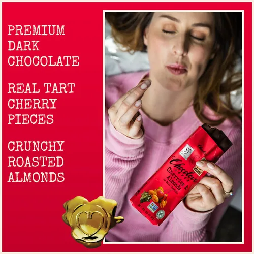 Vista 3 de Chocolove Barras de chocolate oscuro Cherry & Almonds 55% cacao Infundido con cerezas reales y almendras crujientes Fabricado con chocolate