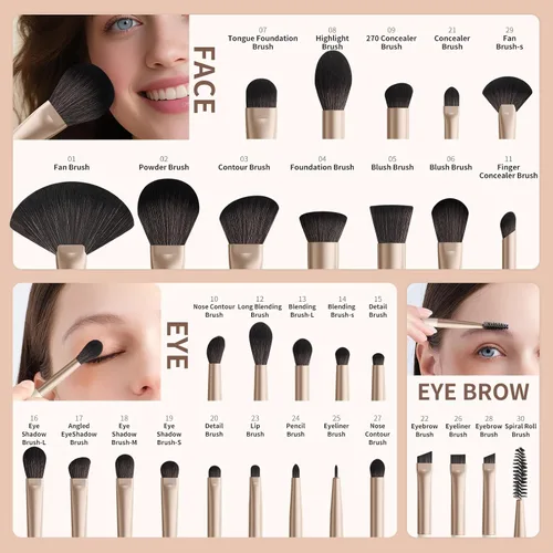 Vista 2 de docolor - Juego de 30 brochas de maquillaje profesionales Kabuki sintéticas de primera calidad, brocha de mezcla para base, polvo facial, rubor