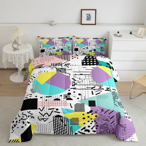 Vista 37 de Juego de edredón de estilo retro de los años 80, juego de ropa de cama de patrón geométrico abstracto, diseño urbano moderno con círculos
